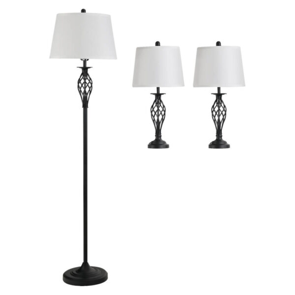 HOMCOM Stehlampe inkl. 2 Tischleuchten B31-179
schwarz weiß Metall Polyester-Mischgewebe Stoff B/H/L: ca. 38x158x38 cm E27 3 Brennstellen