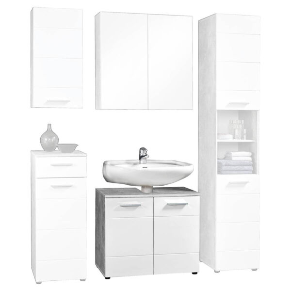 4260390316037 Waschbeckenunterschrank Stockholm
Beton Optik weiß Hochglanz B/H/T: ca. 70x60x35 cm