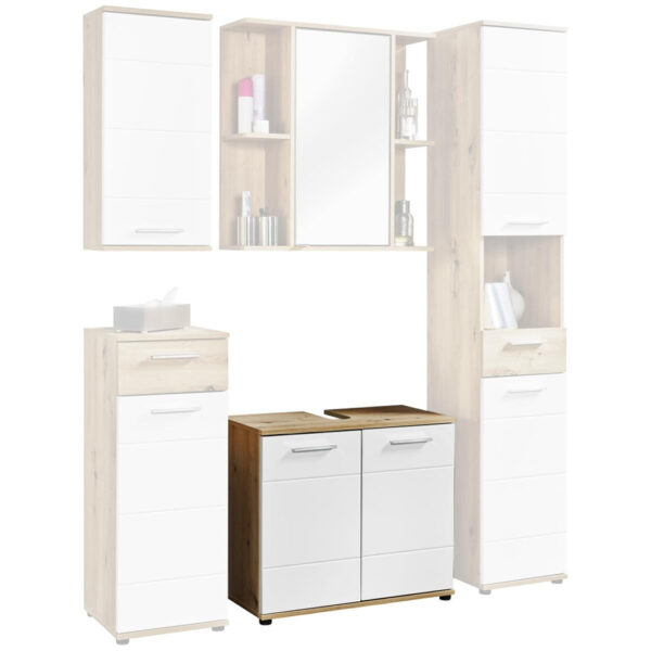 4260633842774 Waschbeckenunterschrank Bergen
Eiche Artisan Nachbildung weiß Hochglanz B/H/T: ca. 70x61x35 cm