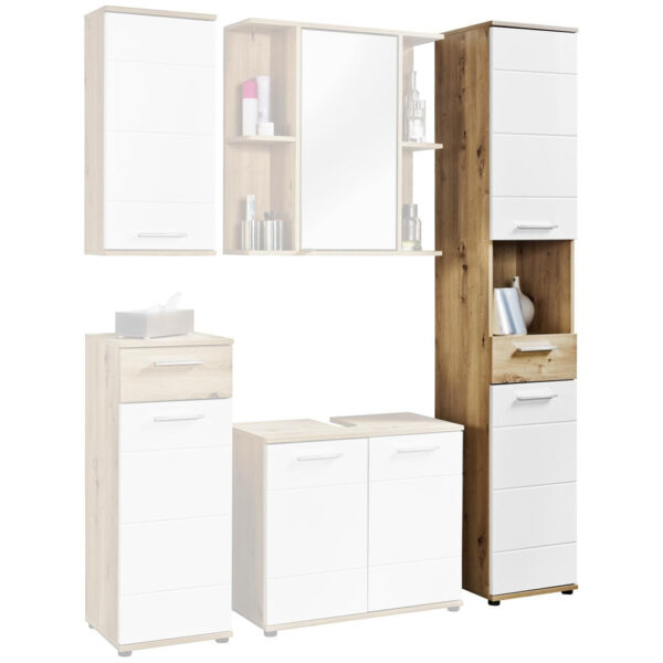 4260633846123 Badhochschrank Bergen
Eiche Artisan Nachbildung weiß Hochglanz B/H/T: ca. 35x195x35 cm