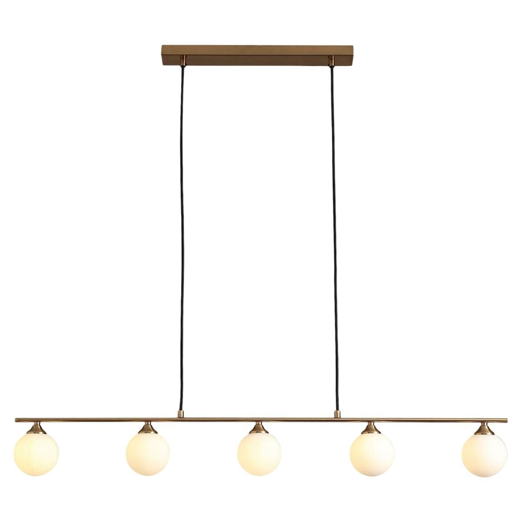 Housenordic Pendelleuchte 6406290
messing weiß Stahl Glas B/T: ca. 110×10 cm 5 Brennstellen