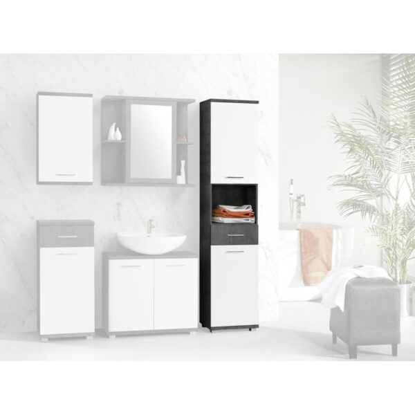 5904767191238 Badhochschrank
Beton Optik weiß Hochglanz B/H/T: ca. 40,2x183,6x28,9 cm