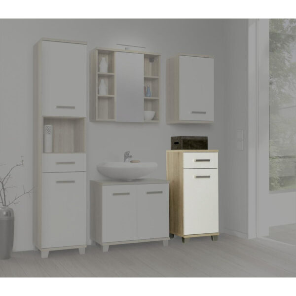 5904767977528 Badkommode
Eiche Sonoma Nachbildung weiß B/H/T: ca. 40,2x90,8x34,8 cm