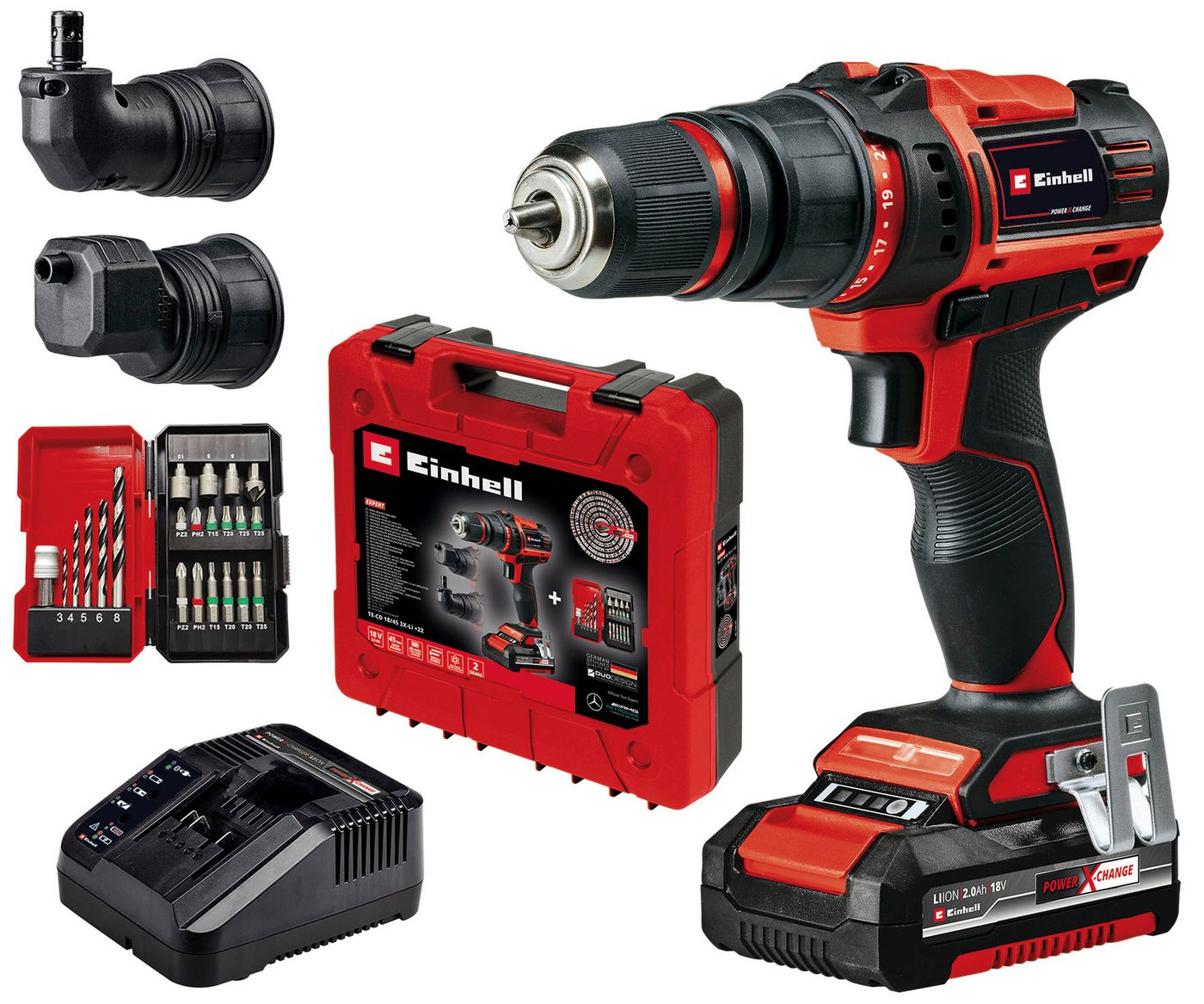 Einhell Akku-Bohrschrauber TE-CD 18/45 3X-Li +22, max. 1600 U/min, Power X-Change, inkl. Akku 18V/2,0Ah, Ladegerät, Zubehör, Koffer