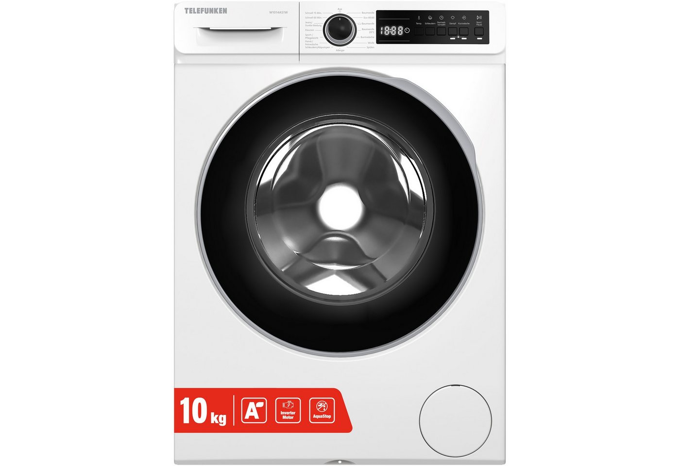 Telefunken Waschmaschine W1014AS1W, 10 kg, 1400 U/min, Frontlader, Inverter Motor, AquaStop, 10kg, Dampffunktion, EEK A, weiß