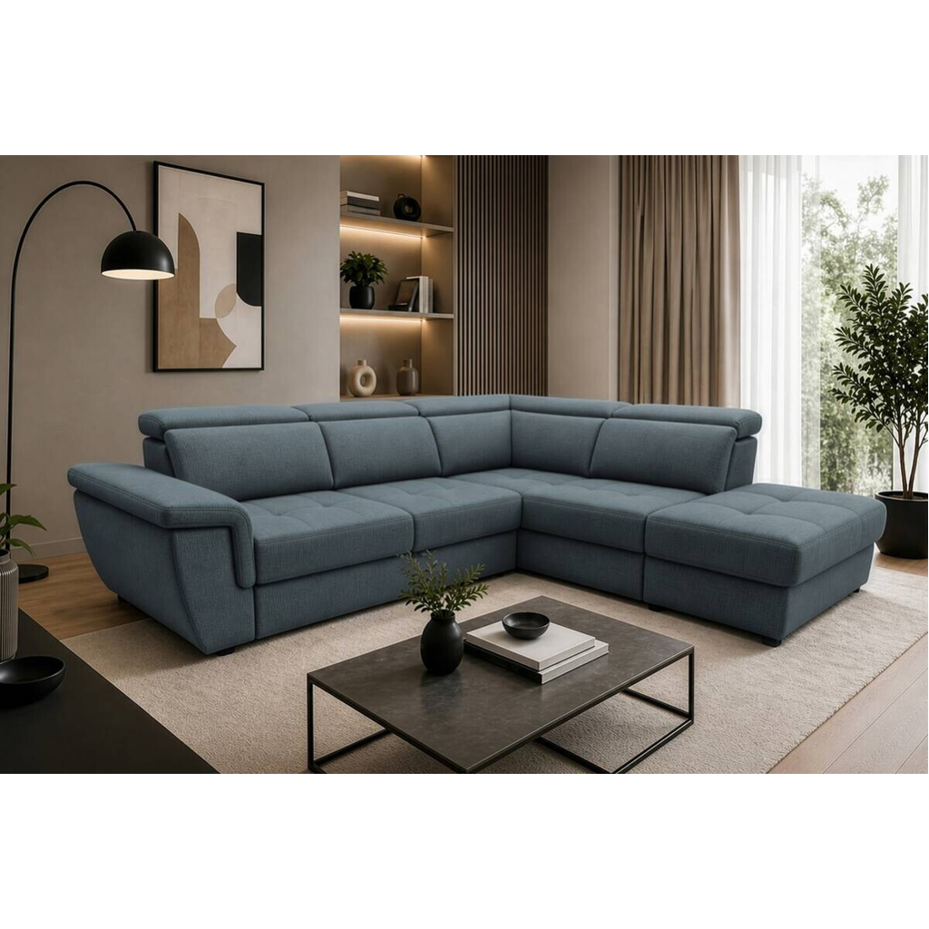 POCO Ecksofa mit Bettfunktion und Bettkasten blaugrau Flachgewebe B/H/T: ca. 267x75x238 cm