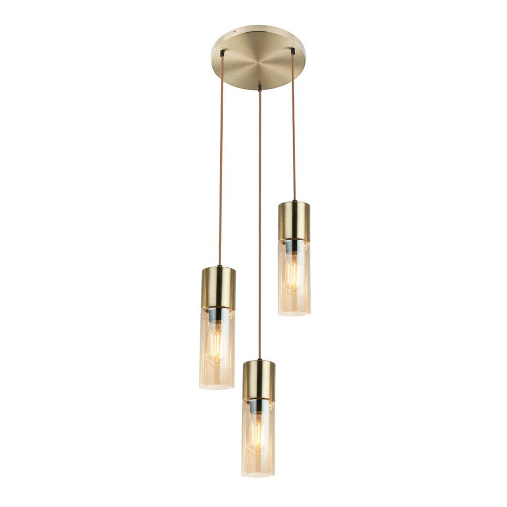 GLOBO Pendelleuchte
messing amber Metall Glas H/D: ca. 150×30 cm E27 3 Brennstellen