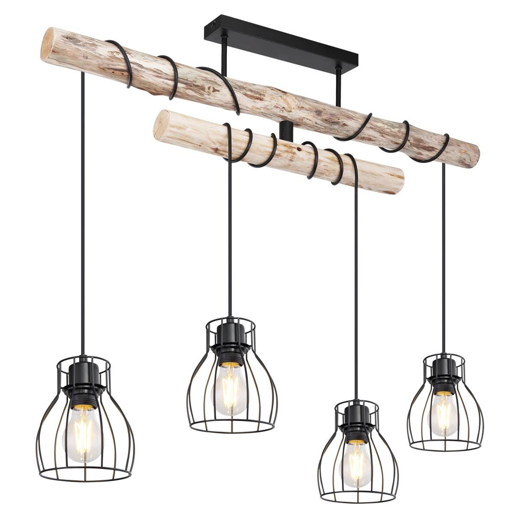 GLOBO Deckenleuchte Mina schwarz natur Metall Holz B/H/T: ca. 90x100x14 cm E27 4 Brennstellen