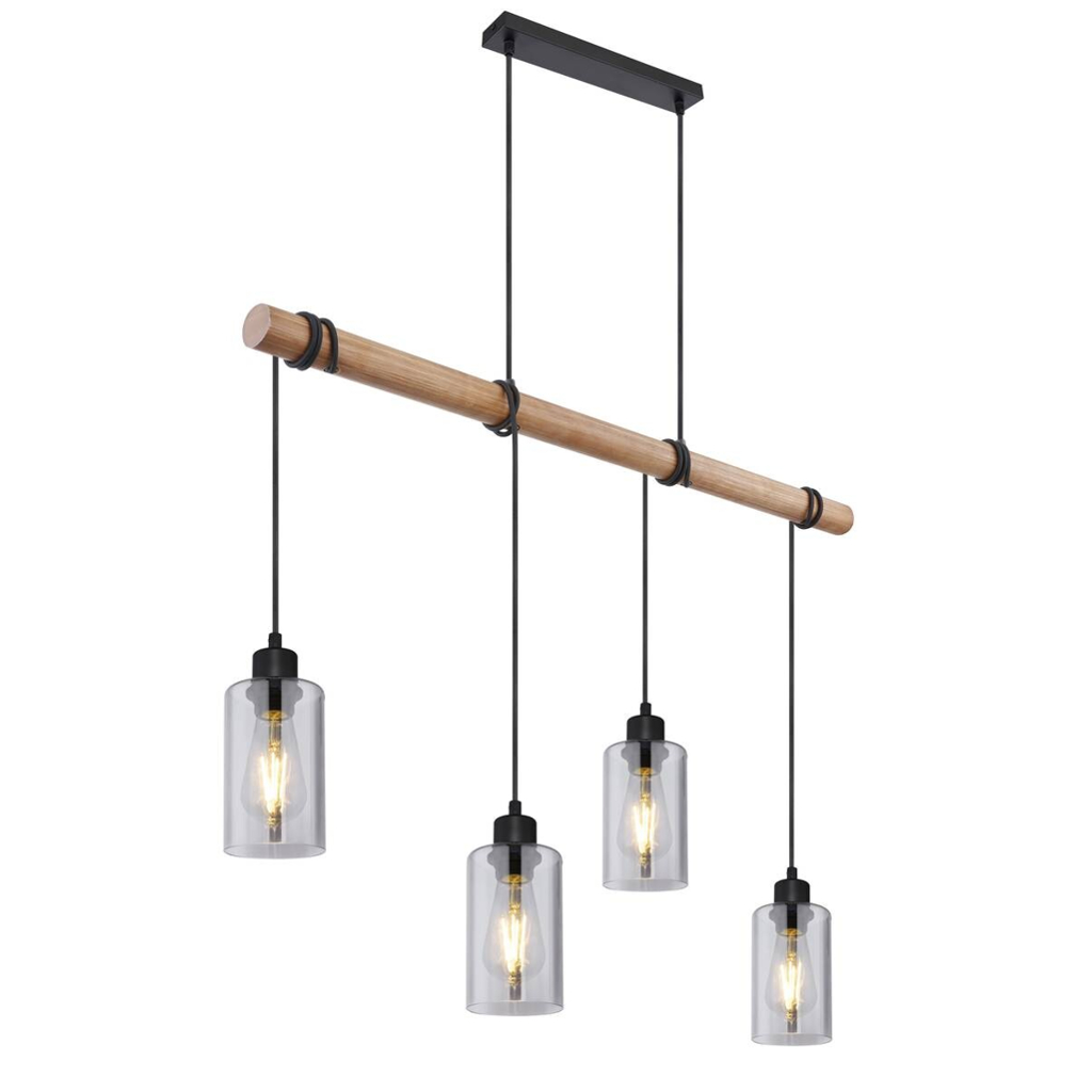 GLOBO Pendelleuchte Hadera
schwarz natur Metall Holz Rauchglas B/H/T: ca. 98x130x15 cm E27 4 Brennstellen