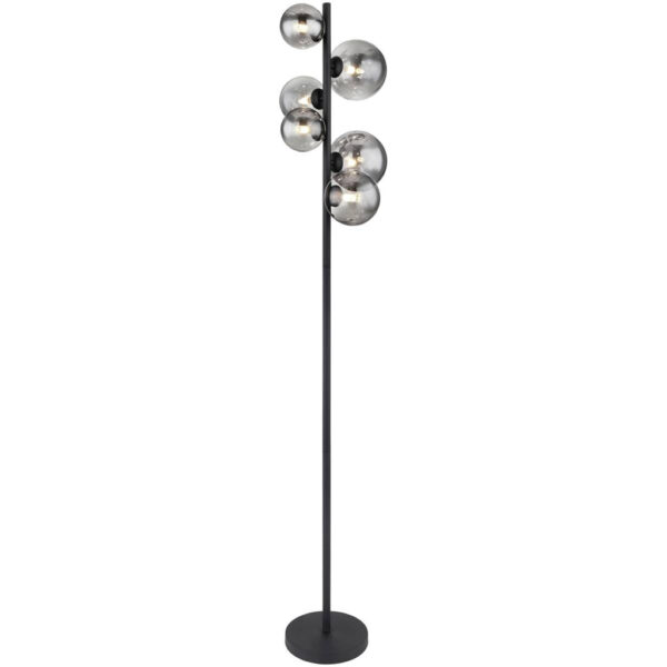 9007371417889 GLOBO Stehlampe Riha
schwarz Metall Rauchglas H/D: ca. 155x28,5 cm 6 Brennstellen