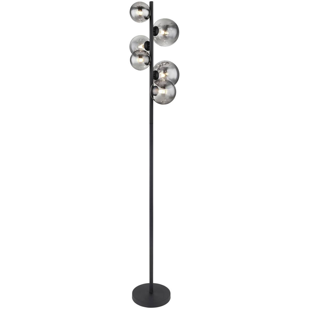 GLOBO Stehlampe Riha
schwarz Metall Rauchglas H/D: ca. 155×28,5 cm 6 Brennstellen