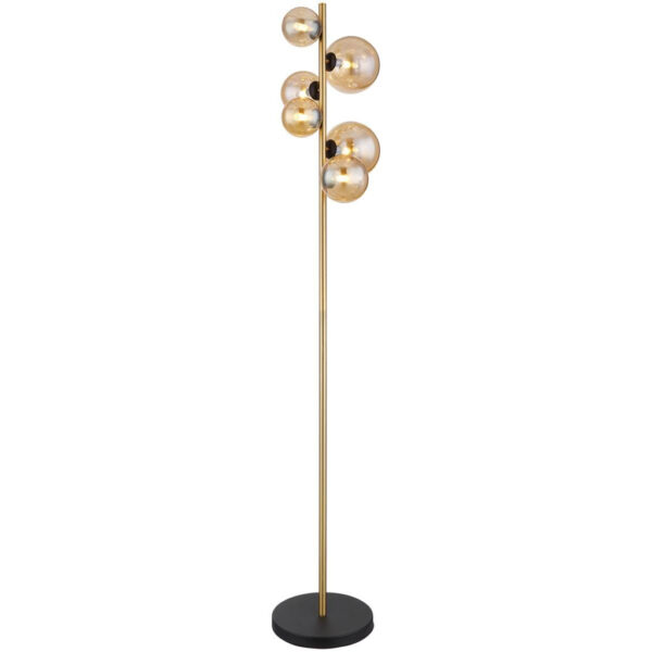 9007371430475 GLOBO Stehlampe RIHA
schwarz amber messing Glas Metall B/H/L: ca. 26,5x155x28,5 cm G9 6 Brennstellen