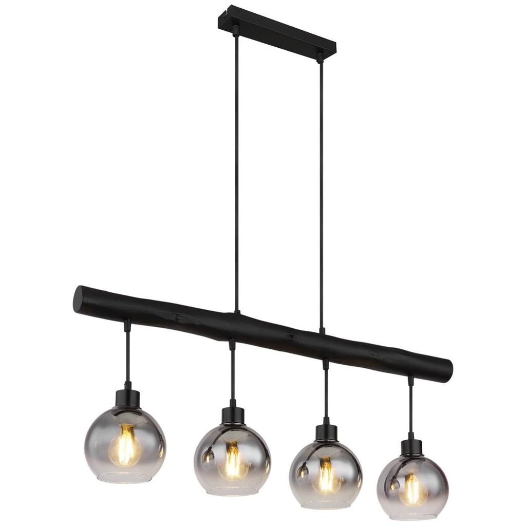 GLOBO Pendelleuchte 15656-4HB
schwarz klar Rauch Metall Glas Holz B/H/L: ca. 15x120x85 cm E27 1 Brennstellen