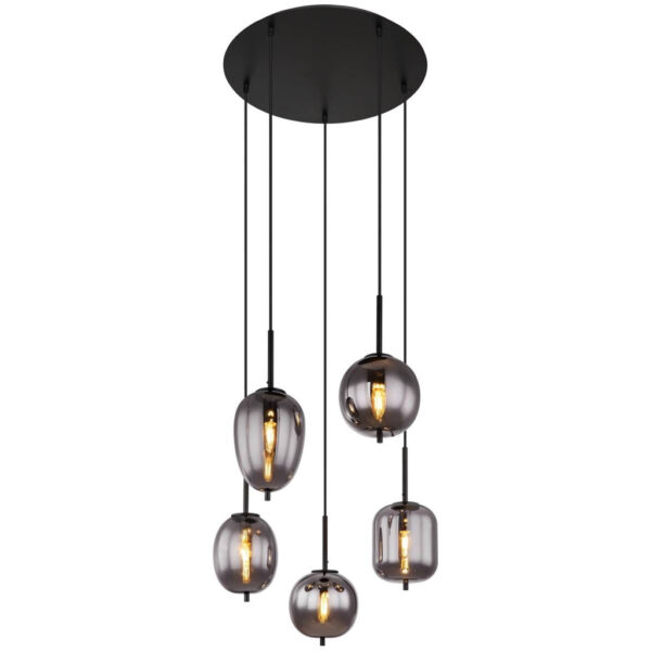 9007371434718 GLOBO Pendelleuchte Blacky 15345-5
schwarz natur Rauch Metall Aluminium Glas H/D: ca. 150x57,5 cm E14 5 Brennstellen