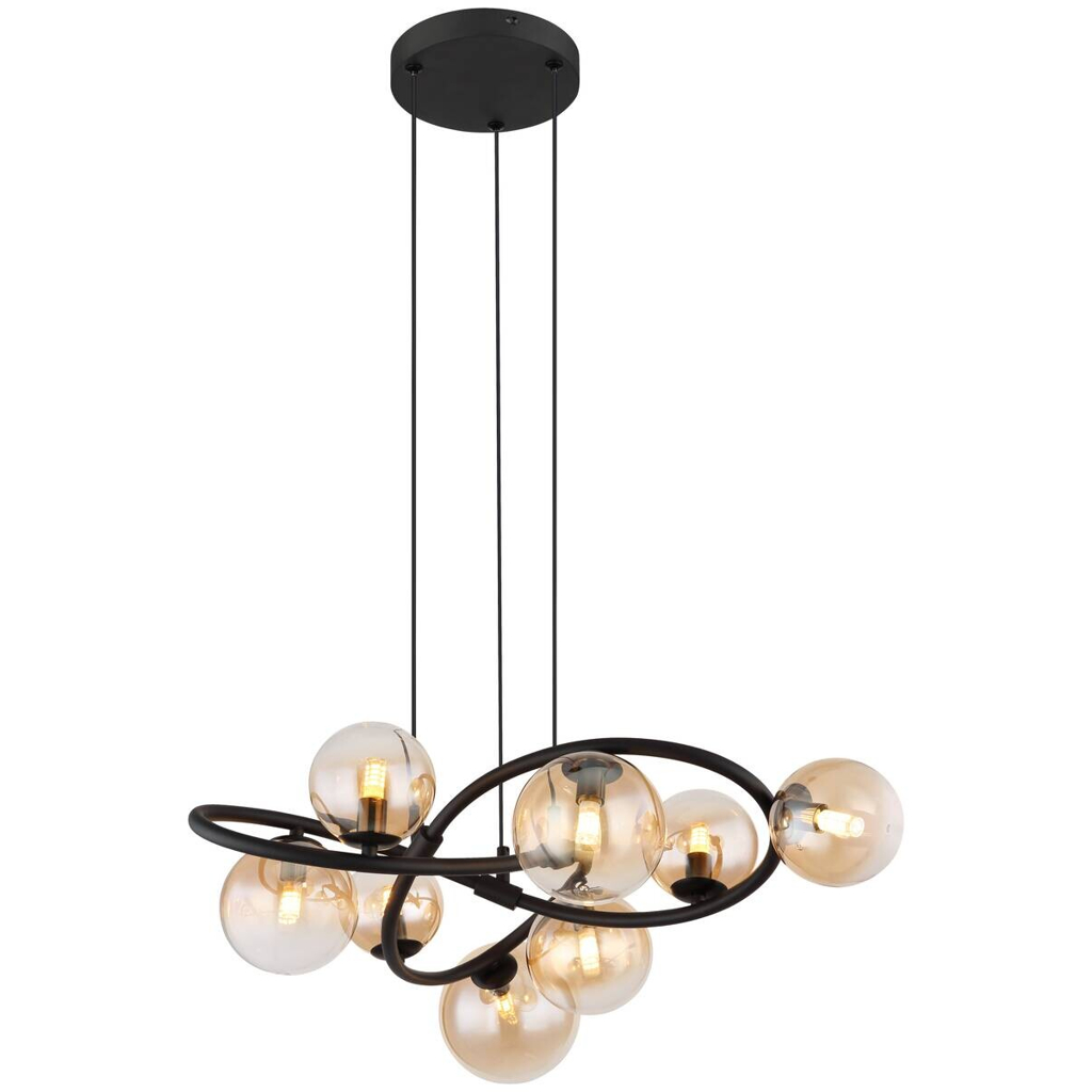 GLOBO LED-Pendelleuchte 10676
mattschwarz amber Metall Glas H/D: ca. 120×65 cm 8 Brennstellen