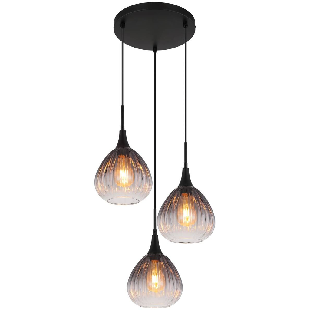 GLOBO Pendelleuchte
schwarz Rauch Metall Glas H/D: ca. 120×44 cm E27 3 Brennstellen