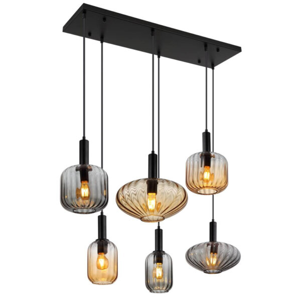 9007371458868 GLOBO Pendelleuchte
schwarz Rauch amber Metall Glas PVC B/H/L: ca. 47x150x100 cm E27 6 Brennstellen