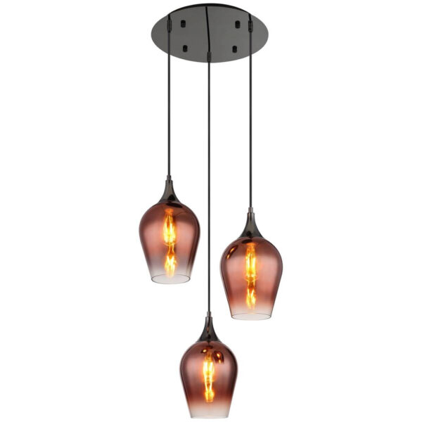9007371462636 GLOBO Pendelleuchte
Chrom schwarz rot Glas Metall H/D: ca. 120x45 cm E27 3 Brennstellen