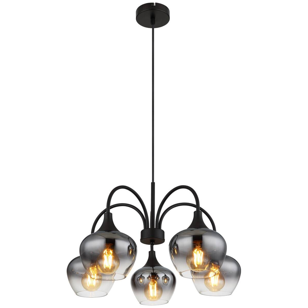 GLOBO Pendelleuchte
schwarz transparent Rauch Metall Glas H/D: ca. 120×55 cm E27 5 Brennstellen