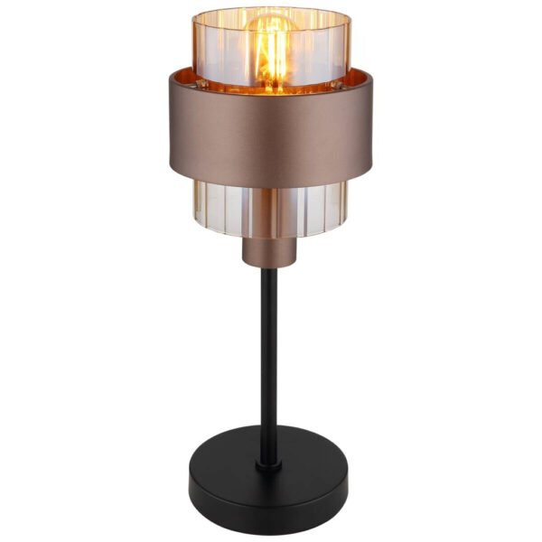 9007371474677 GLOBO Tischleuchte
schwarz amber Glas Metall H/D: ca. 47x18,5 cm E27 1 Brennstellen