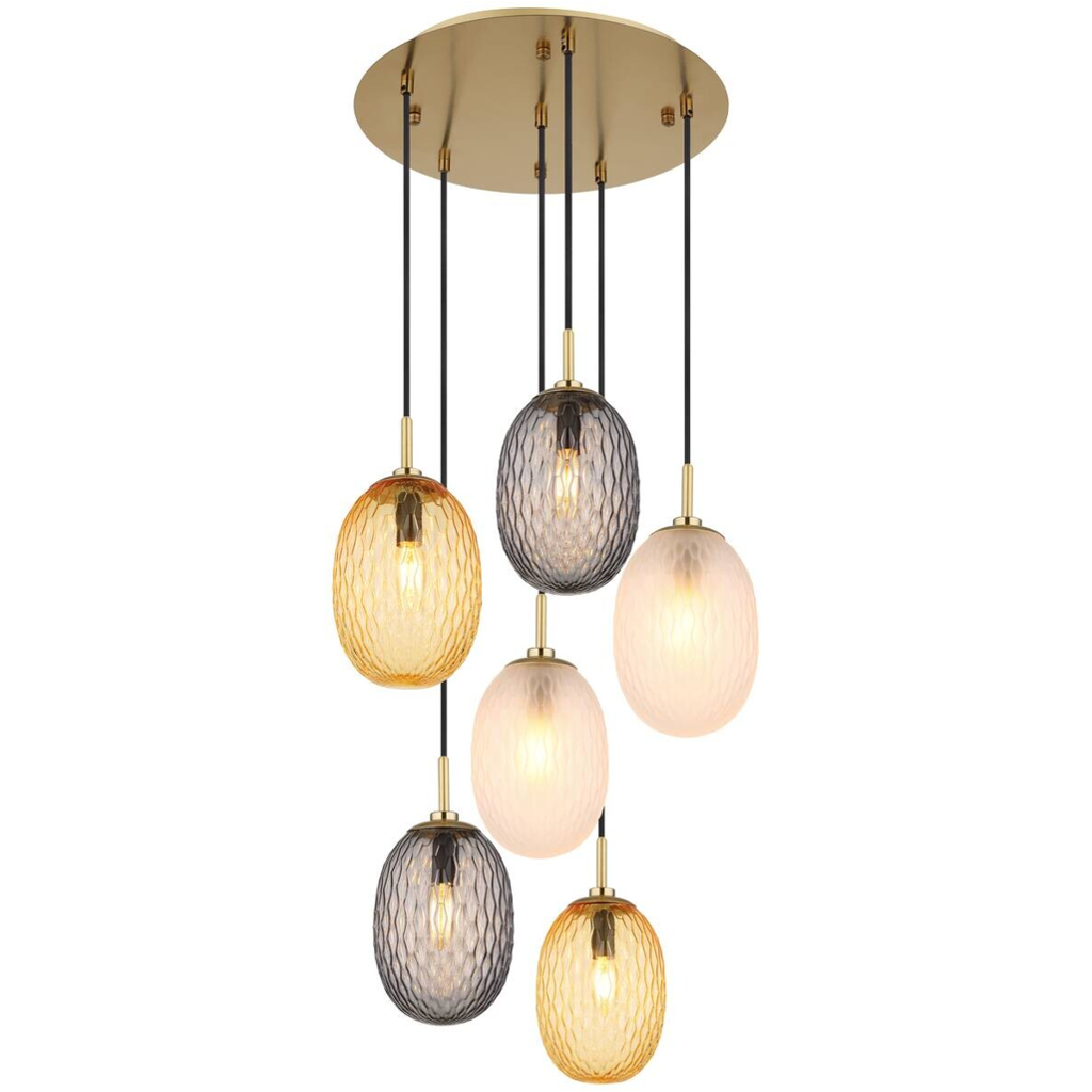 GLOBO Pendelleuchte
Rauch gold schwarz Metall Glas Textil H/D: ca. 120×47 cm E14 6 Brennstellen
