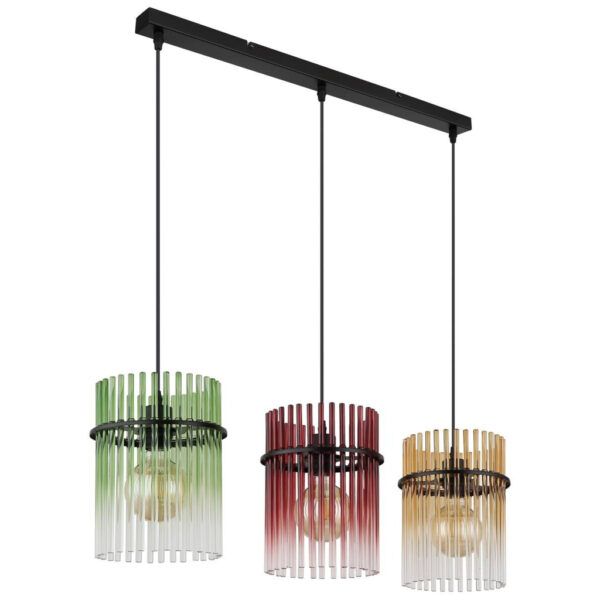9007371481002 GLOBO Hängeleuchte
schwarz grün rot gelb Metall Glas B/H/L: ca. 22x9,5x86,5 cm E27 3 Brennstellen