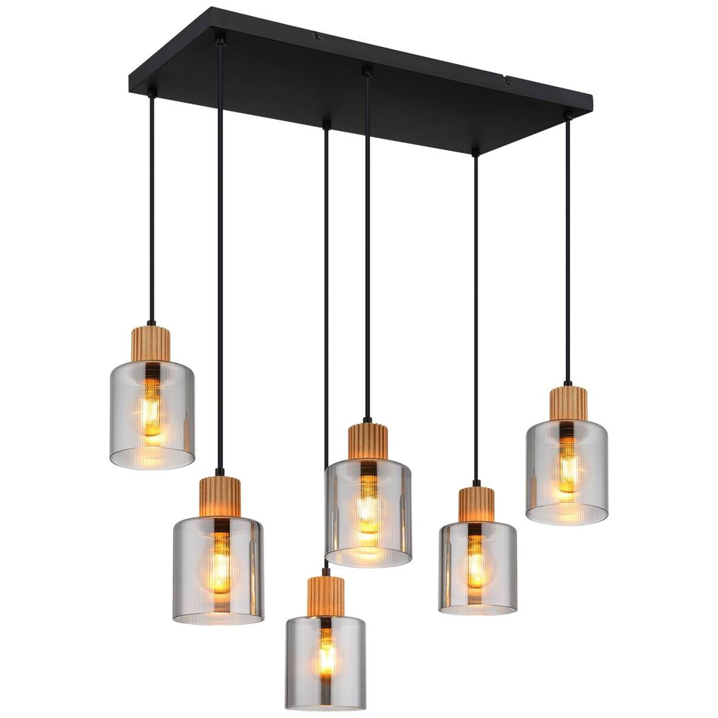 GLOBO Pendelleuchte
Rauch schwarz dunkelbraun Glas Holz Metall B/H/L: ca. 33x120x67 cm E27 6 Brennstellen