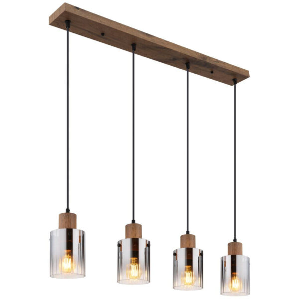 9007371507658 GLOBO Pendelleuchte UNDERWOOD 15915-4H
dunkelbraun klar Rauch MDF Kunststoff Glas B/H/L: ca. 105x120x12 cm E27 4 Brennstellen