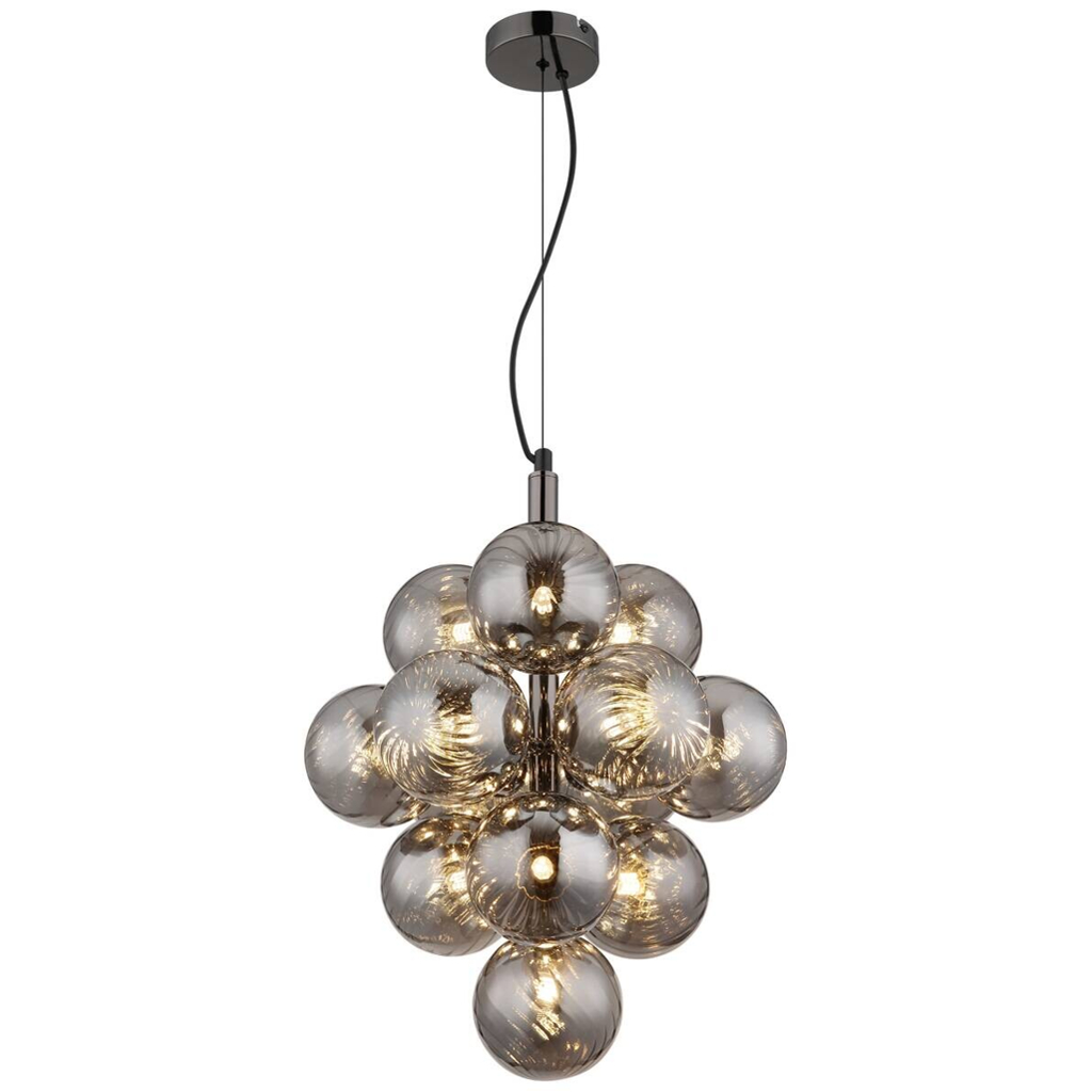 GLOBO LED-Pendelleuchte
schwarz Chrom Rauch Glas Metall H/D: ca. 120×39,5 cm 13 Brennstellen