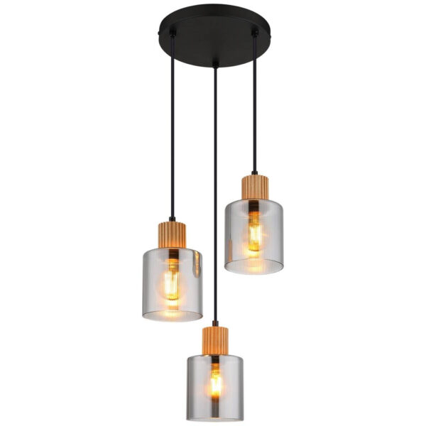 9007371518210 GLOBO Pendelleuchte
schwarz dunkelbraun Rauch Glas Holz Metall H/D: ca. 120x30 cm E27 3 Brennstellen