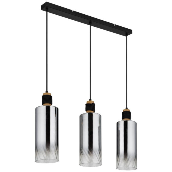 9007371540921 GLOBO Pendelleuchte
mattschwarz Rauch braun Glas Holz Metall B/H/T/L: ca. 12x150x68x68 cm E27 3 Brennstellen