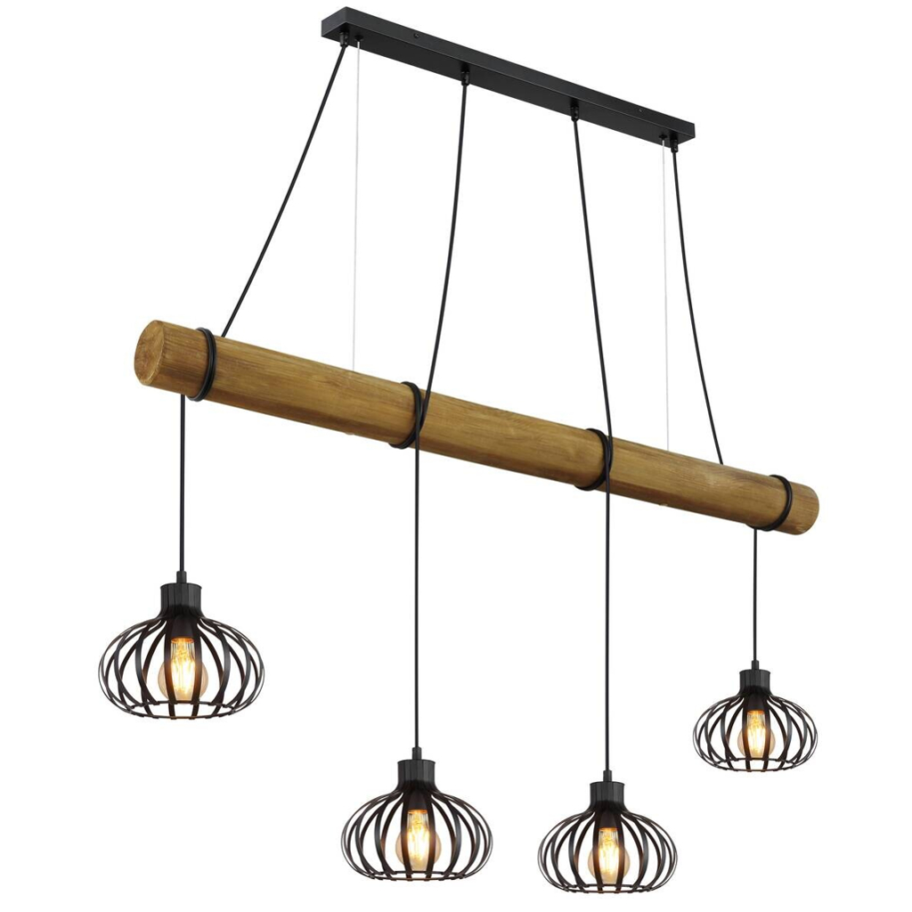Globo - Pendelleuchte schwarz Holz Metall B/H/L: ca. 20x150x125 cm E27 4 Brennstellen in Schwarz