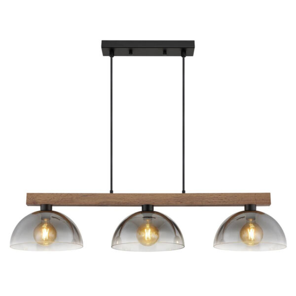 9007371586356 GLOBO Hängeleuchte
dunkelbraun mattschwarz Rauch Holz Metall Glas B/H/L: ca. 30x120x114 cm E27 3 Brennstellen