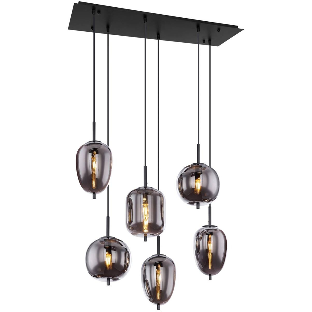 GLOBO Pendelleuchte Blacky
schwarz Rauch Metall Rauchglas B/H/L: ca. 34x120x80 cm E14 6 Brennstellen