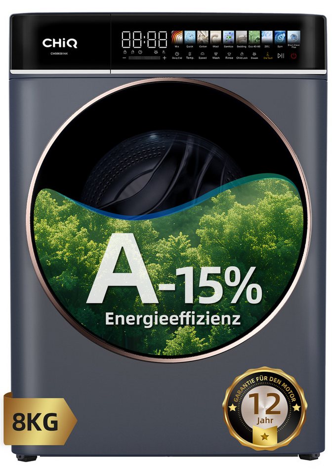 CHIQ Waschmaschine LED-Touchscreen CW086581AX, 8 kg, 1400 U/min, 15 Min. Schnell, EEK A-15%, 12 Programme