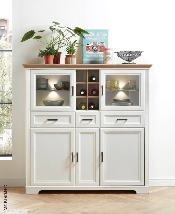 Highboard Jasmin weiß Pinie Nachbildung Eiche Artisan Nachbildung B/H/T: ca. 143x150x42 cm – Bild 2