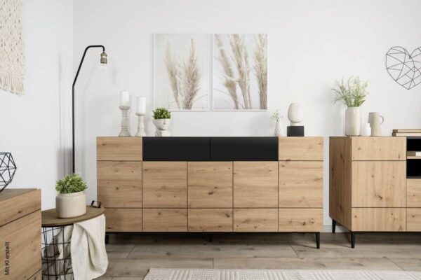 Sideboard Nola Eiche Artisan Nachbildung schwarz B/H/T: ca. 180x90x42 cm – Bild 3