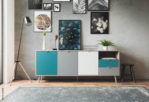 Sideboard Cuba Eiche Sonoma Nachbildung weiß grau petrol B/H/T: ca. 180x71x40 cm – Bild 5