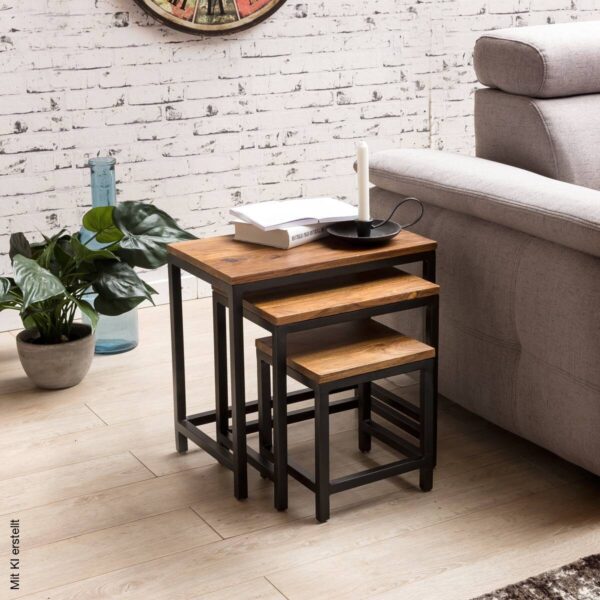Beistelltisch 3er-Set natur schwarz pulverbeschichtet Echtholz Metall – Bild 3