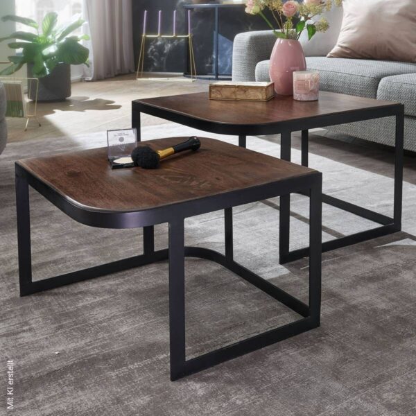 Beistelltisch 2er-Set. natur schwarz pulverbeschichtet Echtholz Eisen Beistelltisch 2er-Set. natur schwarz pulverbeschichtet Echtholz Eisen – Bild 5