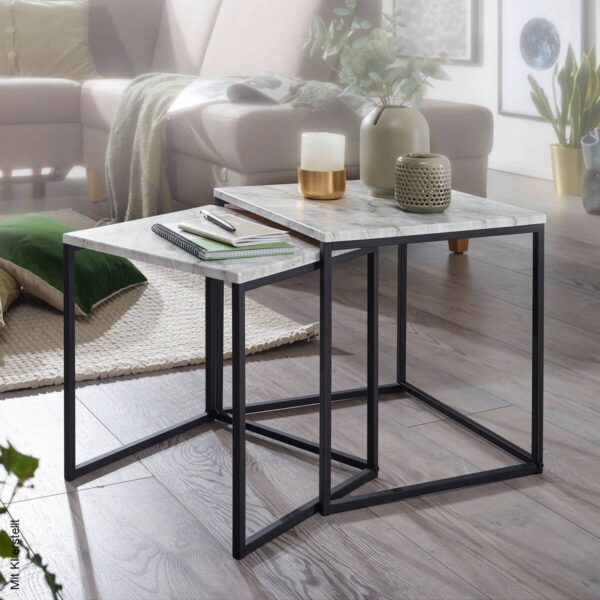 Beistelltisch 2er-Set. weiß Marmor Optik schwarz pulverbeschichtet MDF Stahl – Bild 2