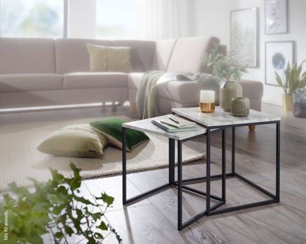 Beistelltisch 2er-Set. weiß Marmor Optik schwarz pulverbeschichtet MDF Stahl – Bild 3