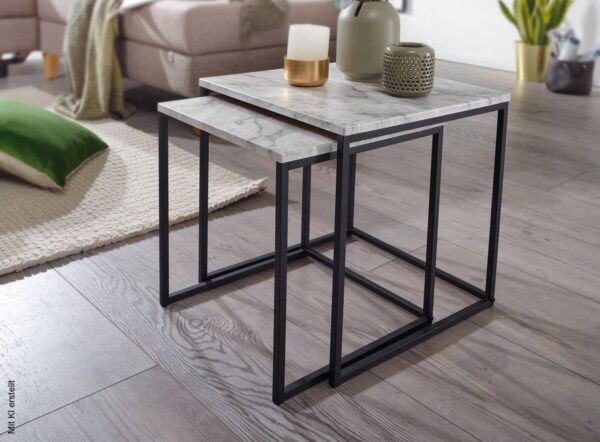 Beistelltisch 2er-Set. weiß Marmor Optik schwarz pulverbeschichtet MDF Stahl – Bild 4