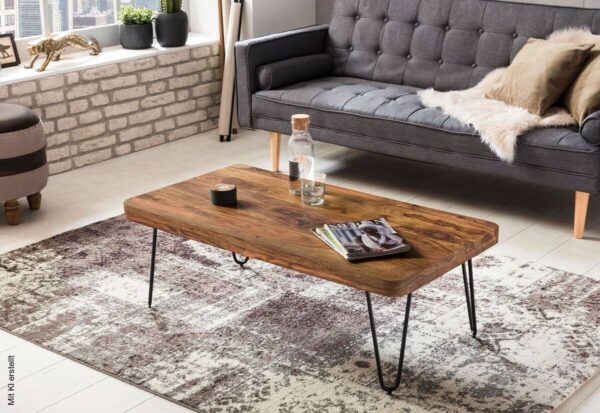 Wohnling Couchtisch natur schwarz Echtholz Metall B/H/T: ca. 115x40x60 cm – Bild 2