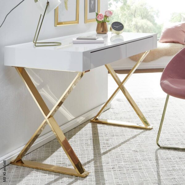 Schreibtisch weiß Lack Hochglanz gold lackiert B/H/T: ca. 118x76x57 cm – Bild 5