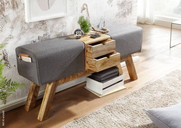 Wohnling Sitzbank grau natur Stoff Echtholz B/H/T: ca. 120x56x30 cm Wohnling Sitzbank grau natur Stoff Echtholz B/H/T: ca. 120x56x30 cm – Bild 2