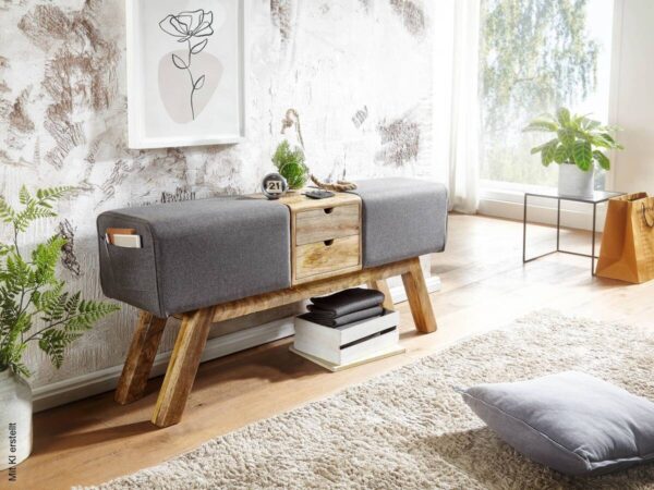 Wohnling Sitzbank grau natur Stoff Echtholz B/H/T: ca. 120x56x30 cm Wohnling Sitzbank grau natur Stoff Echtholz B/H/T: ca. 120x56x30 cm – Bild 4