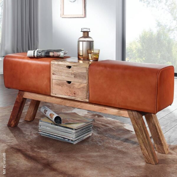 Wohnling Sitzbank braun natur Leder Echtholz B/H/T: ca. 120x56x30 cm – Bild 4