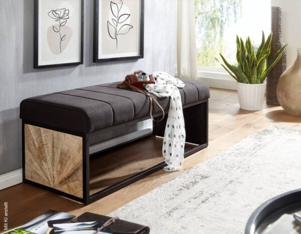 Wohnling Sitzbank dunkelbraun schwarz natur Stoff Eisen Echtholz B/H/T: ca. 105x40x40 cm – Bild 3