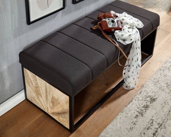 Wohnling Sitzbank dunkelbraun schwarz natur Stoff Eisen Echtholz B/H/T: ca. 105x40x40 cm – Bild 5